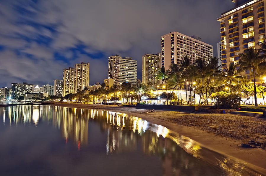 Waikiki Beach Oahu Island Hawaii cityscape sunset Photograph by Marek Poplawski