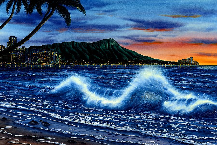 Waikiki Beach Sunset Painting by John YATO