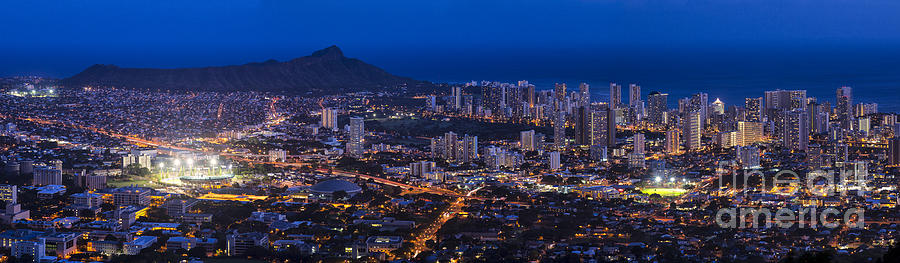 Waikiki cityscape and Diamond Head dusk panorama  Photograph by Ken Brown