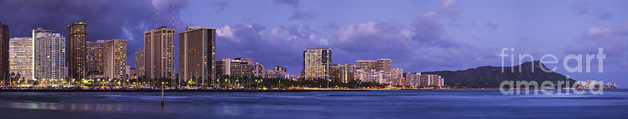 Waikiki cityscape Diamond Head dusk panorama Photograph by Ken Brown