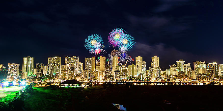 Waikiki Fireworks Celebration 1 Photograph by Jason Chu