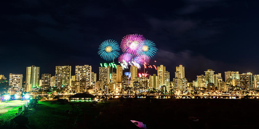 Waikiki Fireworks Celebration 10 Photograph by Jason Chu