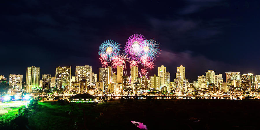Waikiki Fireworks Celebration 2 Photograph by Jason Chu