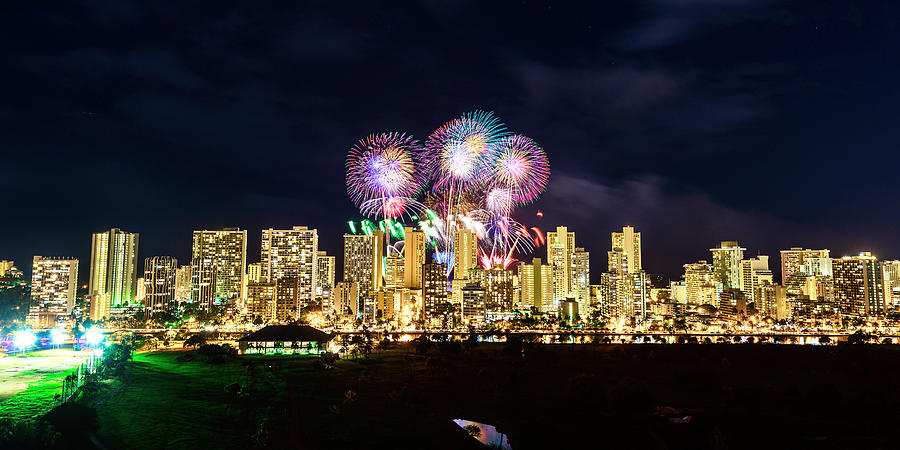 Waikiki Fireworks Celebration 3 Photograph by Jason Chu