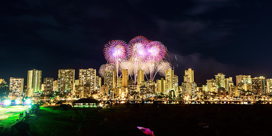 Waikiki Fireworks Celebration 5 Photograph by Jason Chu