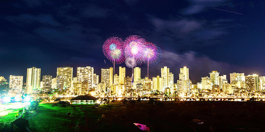 Waikiki Fireworks Celebration 6 Photograph by Jason Chu
