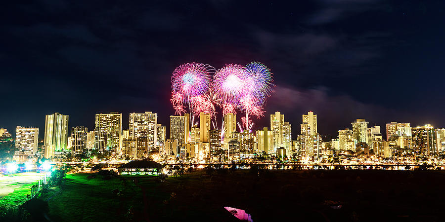 Waikiki Fireworks Celebration 7 Photograph by Jason Chu