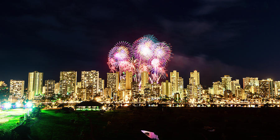 Waikiki Fireworks Celebration 8 Photograph by Jason Chu