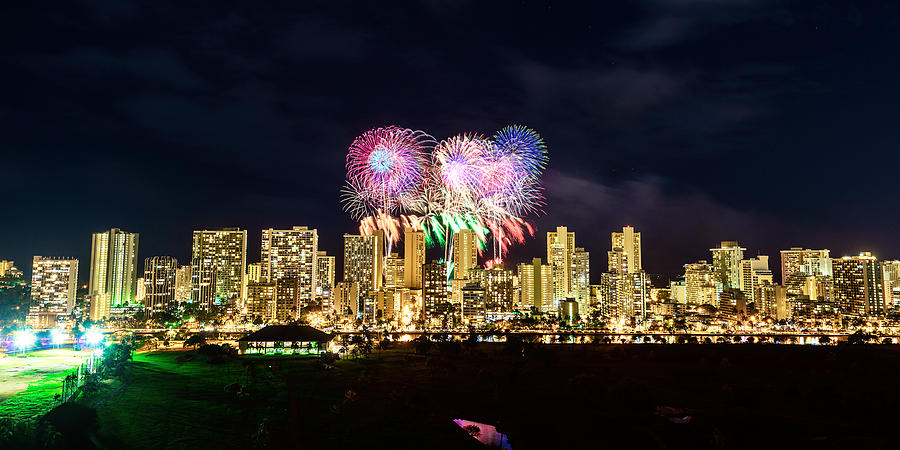 Waikiki Fireworks Celebration 9 Photograph by Jason Chu