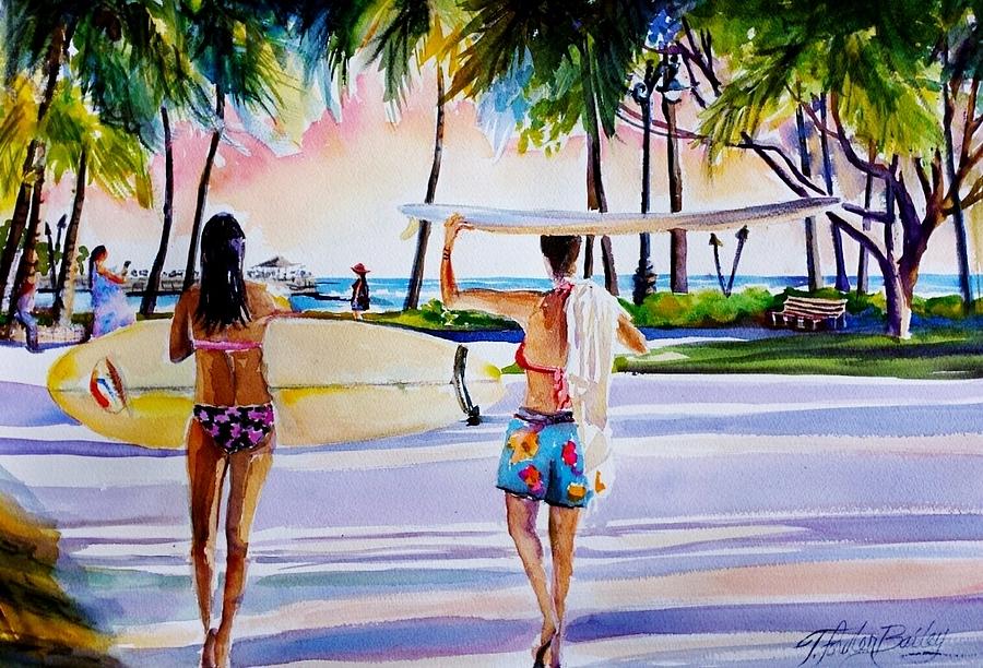 Surfing Pipeline Painting - Waikiki Surfer Girls by Tf Bailey