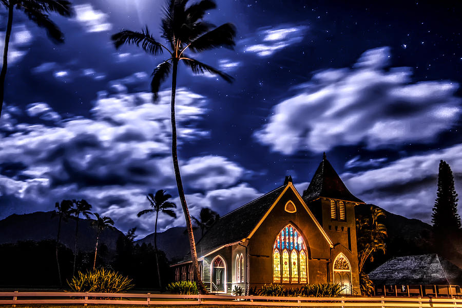 Waioli Huiia Church by Moonlight Photograph by Mike Neal