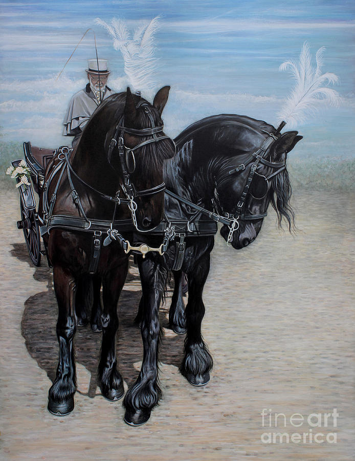 Friesian Horses Painting - Waiting Again Boys by Caroline Collinson