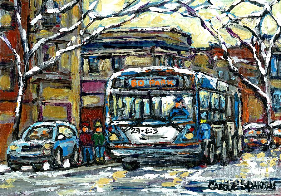 Waiting For The 80 Bus Montreal Memories Winter City Scene Painting January Art Carole Spandau Art Painting by Carole Spandau