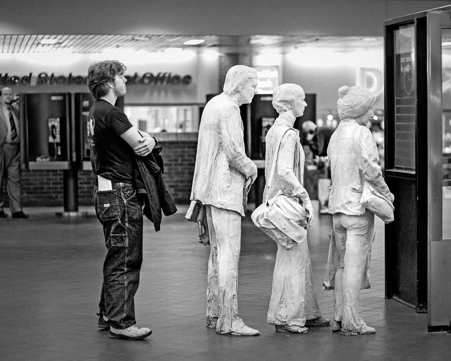 Waiting in line at Grand Central Terminal 1 - Black and White Photograph by Gary Heller