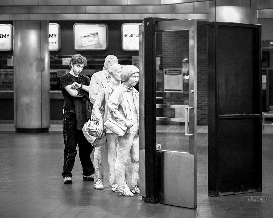 Waiting in line at Grand Central Terminal 2 - Black and White Photograph by Gary Heller