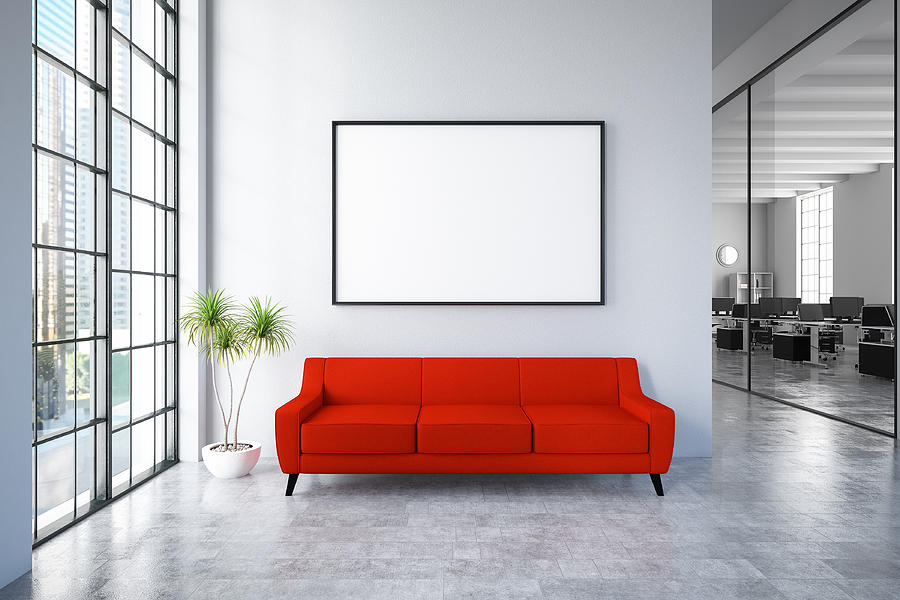 Waiting Room with Empty Frame and Red Sofa Photograph by Asbe