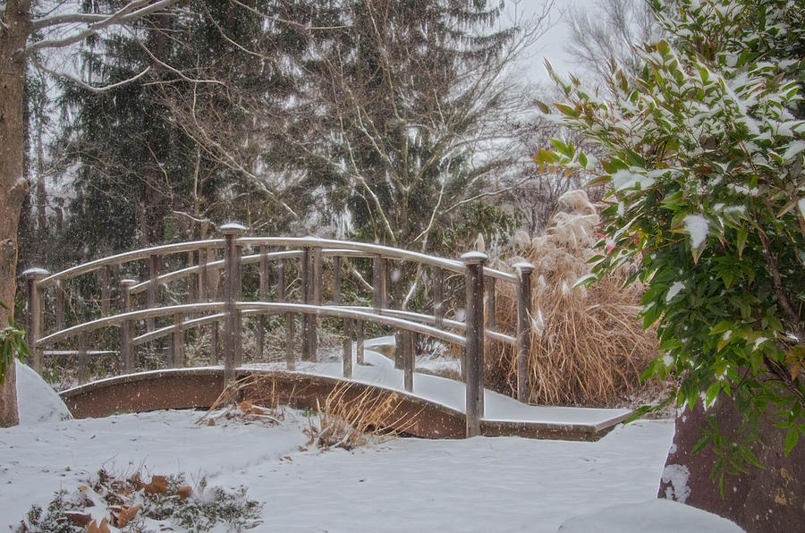 Walking Bridge During Winter Snowfall at Sayen Gardens Photograph by Beth Venner
