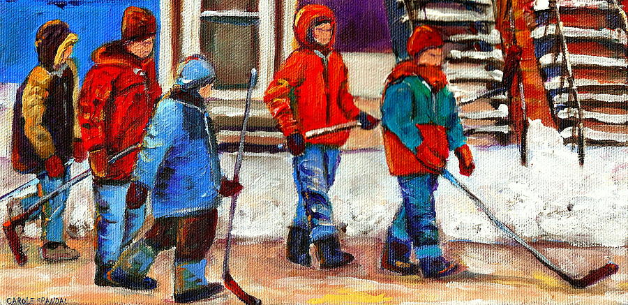 Walking Home After The Hockey Game Art Of Montreal Verdun  Winter City Scenes By Carole Spandau Painting by Carole Spandau