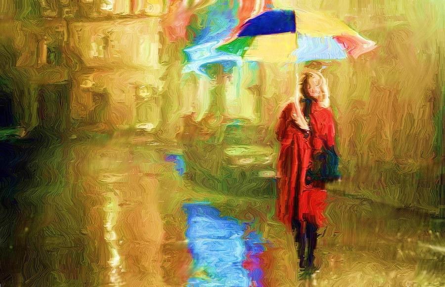Umbrella Digital Art - Walking in the Rain  by Djamel Adjimi