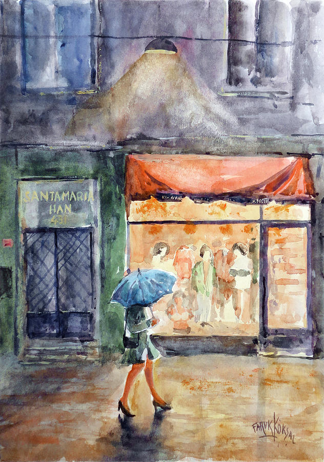 Walking in the Rain Painting by Faruk Koksal