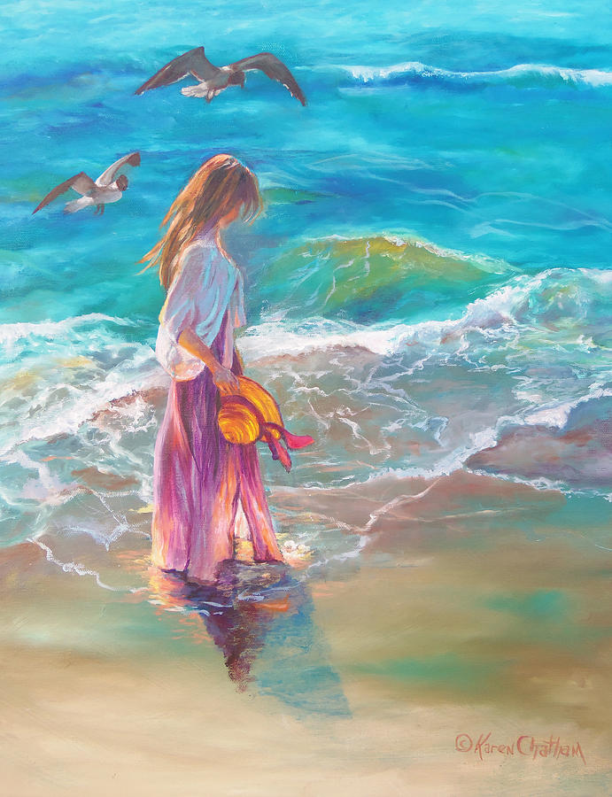 Seagull Painting - Walking In The Waves by Karen Kennedy Chatham