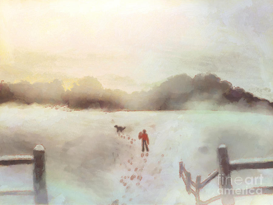 Winter Painting - Dog walking in Winter by Pixel Chimp