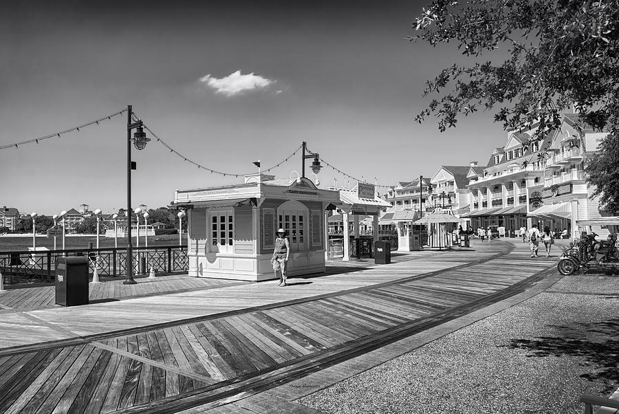Walking on the boardwalk in Black and White Walt Disney World Photograph by Thomas Woolworth