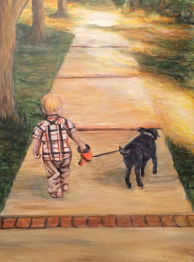 Walking the dog Painting by Bonnie Peacher