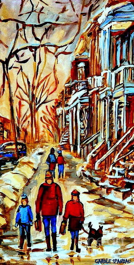 Walking The Dog By Balconville Winter Street Scenes Art Of Montreal City Paintings Carole Spandau Painting by Carole Spandau