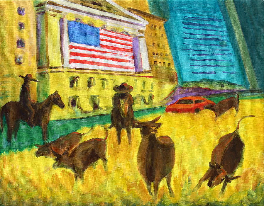 Wall Street Bulls on the Run painting by Bertram Poole artist Painting by Thomas Bertram POOLE