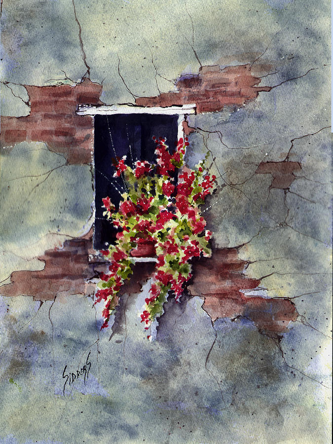 Wall With Red Flowers Painting by Sam Sidders