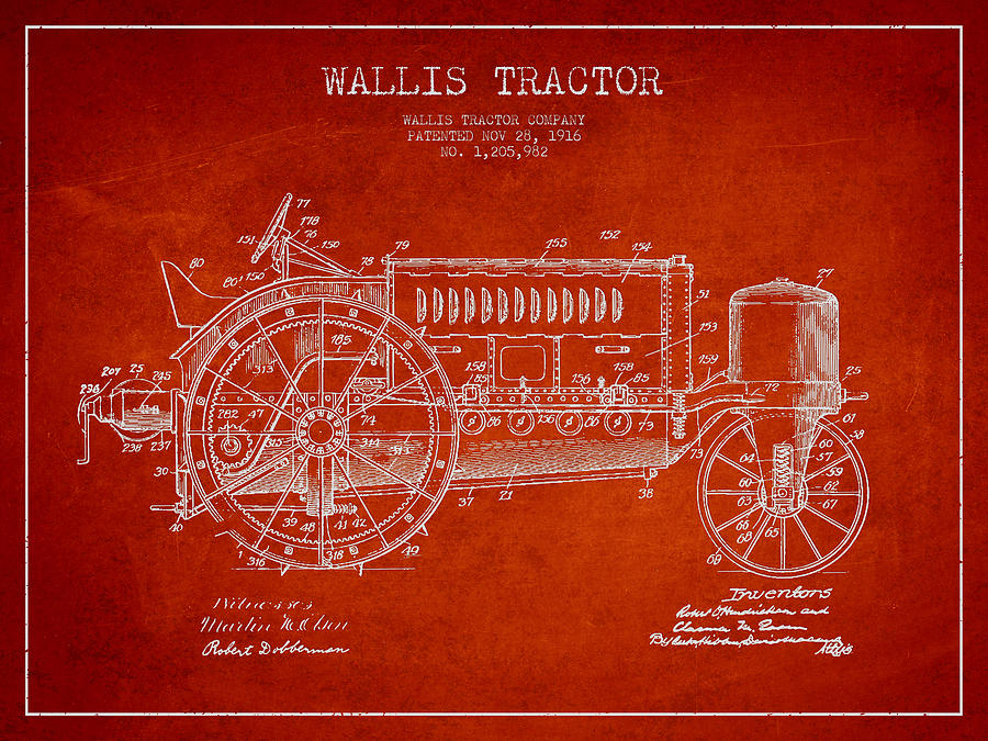 Vintage Digital Art - Wallis Tractor Patent drawing from 1916 - Red by Aged Pixel