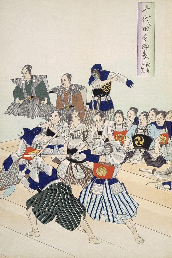 Oriental Painting - Warlord Watches Samurai Practising by Japanese School
