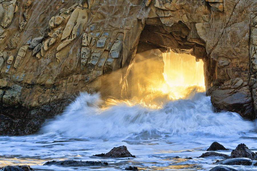 Sunset Photograph - Warm Sunset Rays and Crashing Pacific Waves by Her Arts Desire
