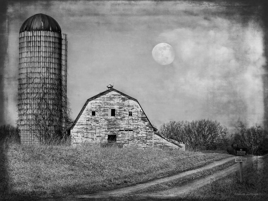 Warning... Keep Out Spooky Old Barn and Silo Black and White Photograph by Melissa Bittinger