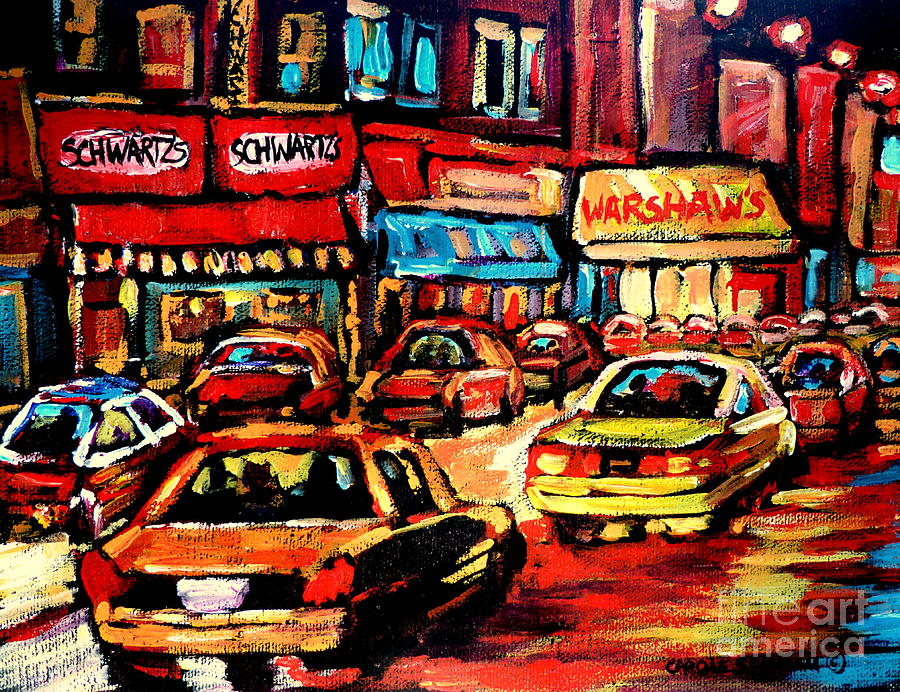 Warshaws Bargain Fruits Store Montreal Night Scene Jewish Montreal Painting Carole Spandau Painting by Carole Spandau