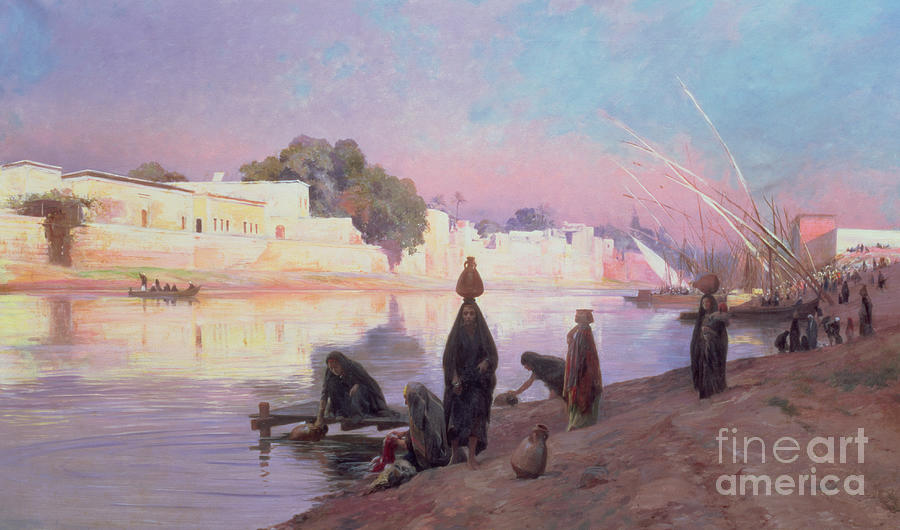 Boat Painting - Washerwomen on the banks of the Nile by Eugene Alexis Girardet