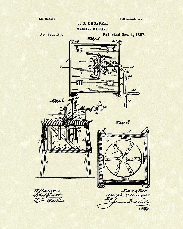 Washing Machine 1887 Patent Art Drawing by Prior Art Design