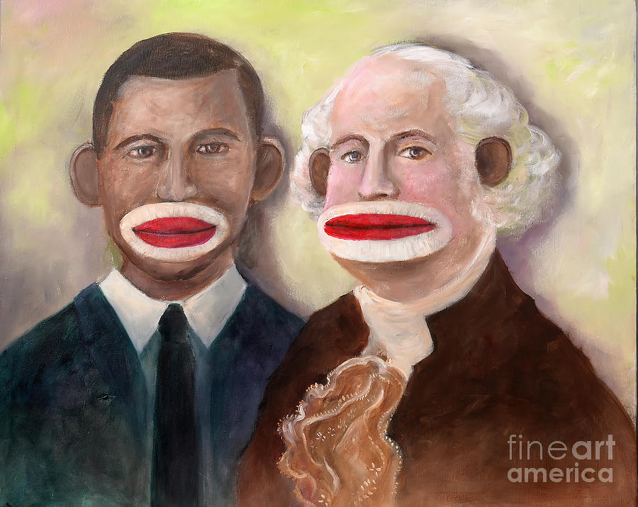 Washington and Obama as Sock Monkeys Painting by Rand Burns