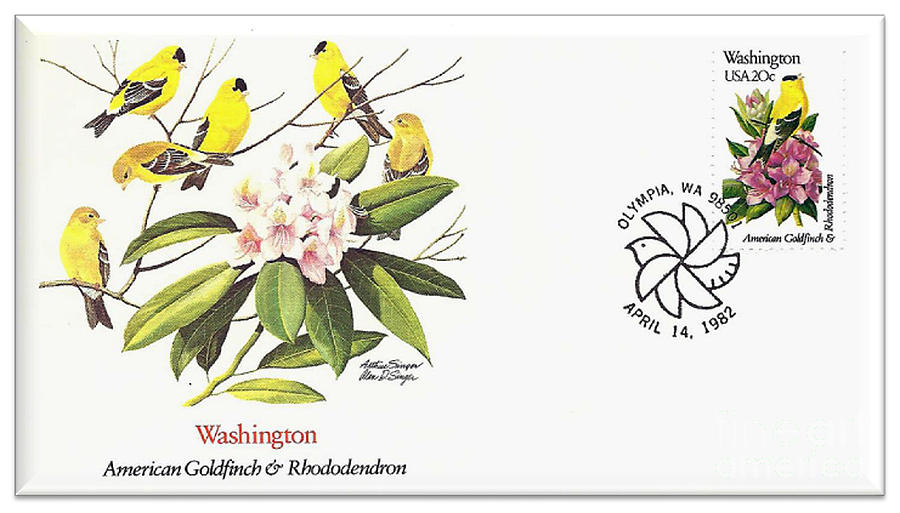 Washington Goldfinch and Rhododendron Stamp Cover Digital Art by Charles Robinson