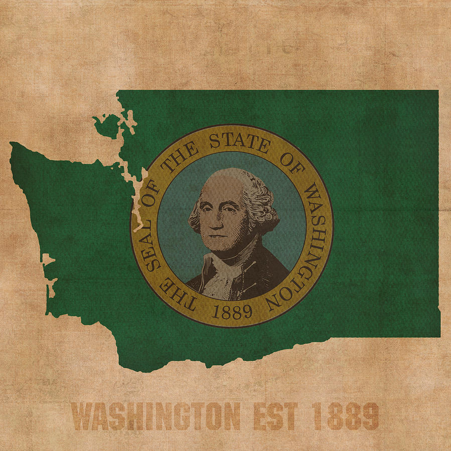 Flag Mixed Media - Washington State Flag Map Outline With Founding Date on Worn Parchment Background by Design Turnpike