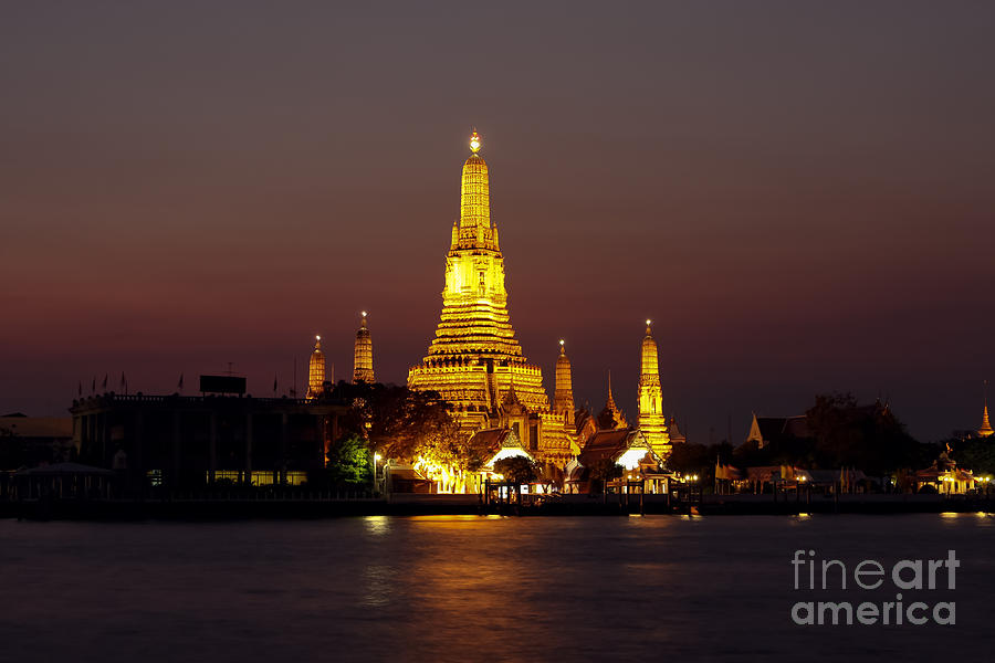 Architecture Photograph - Wat Arun Temple of Dawn at sunset Bangkok by Fototrav Print