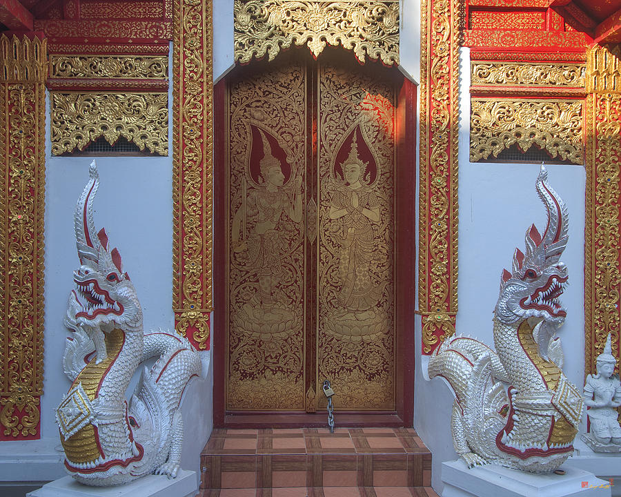 Scenic Photograph - Wat Muen Ngen Kong Phra Ubosot Doors and Guardians DTHCM0603 by Gerry Gantt