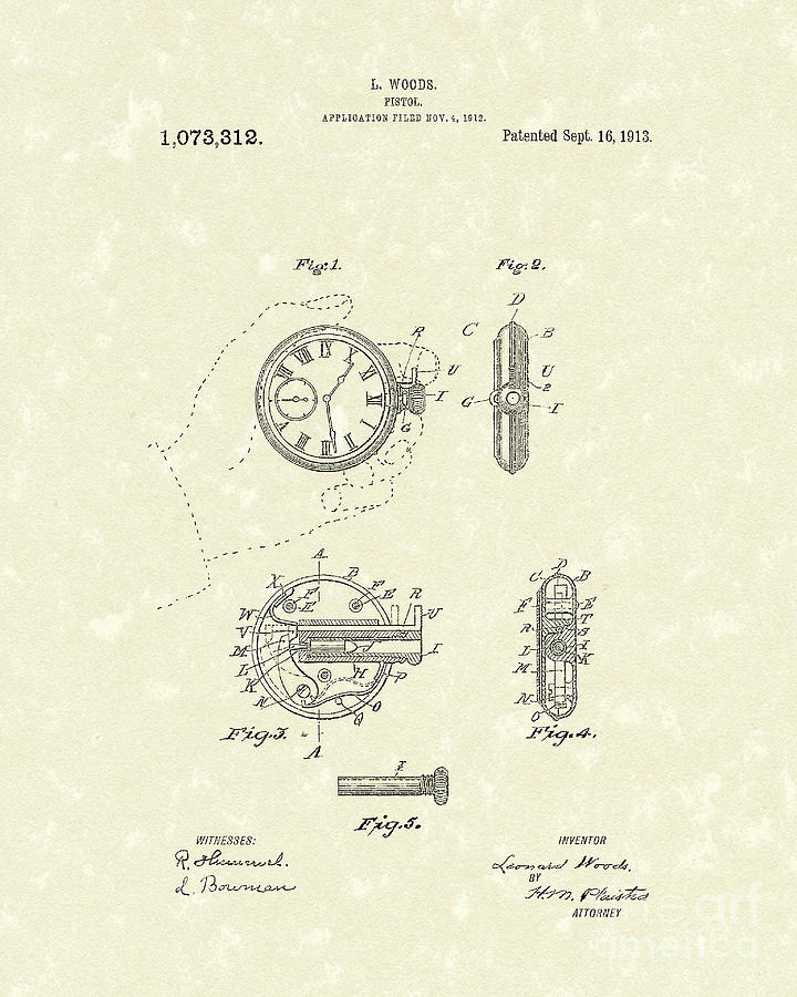 Watch Pistol 1913 Patent Art Drawing by Prior Art Design