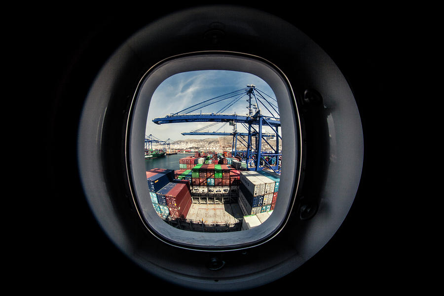 Window Photograph - Watching A Container Ship Being Loaded by Tim Martin Window Photograph - Watching A Container Ship Being Loaded by Tim Martin
