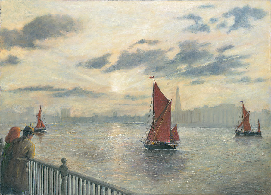 London Painting - Watching Barges on the Thames River London by Eric Bellis