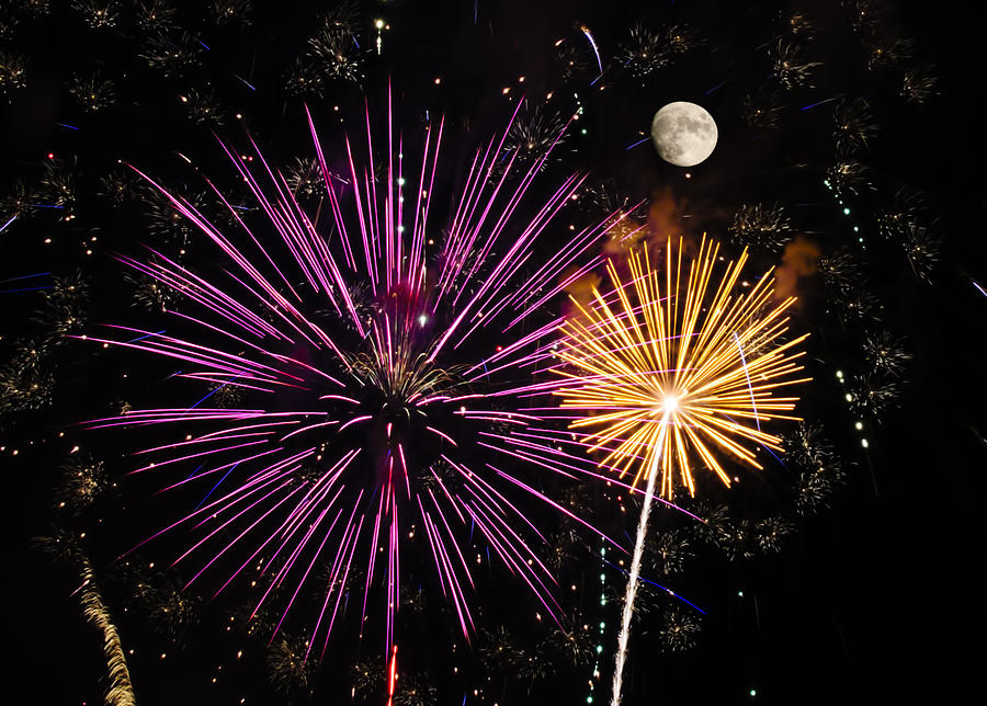 Watching Pink and Gold Explosion - Fireworks and Moon II Photograph by Penny Lisowski