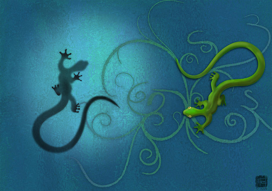 Gecko Digital Art - water colour print of twin geckos and swirls Duality by Sassan Filsoof