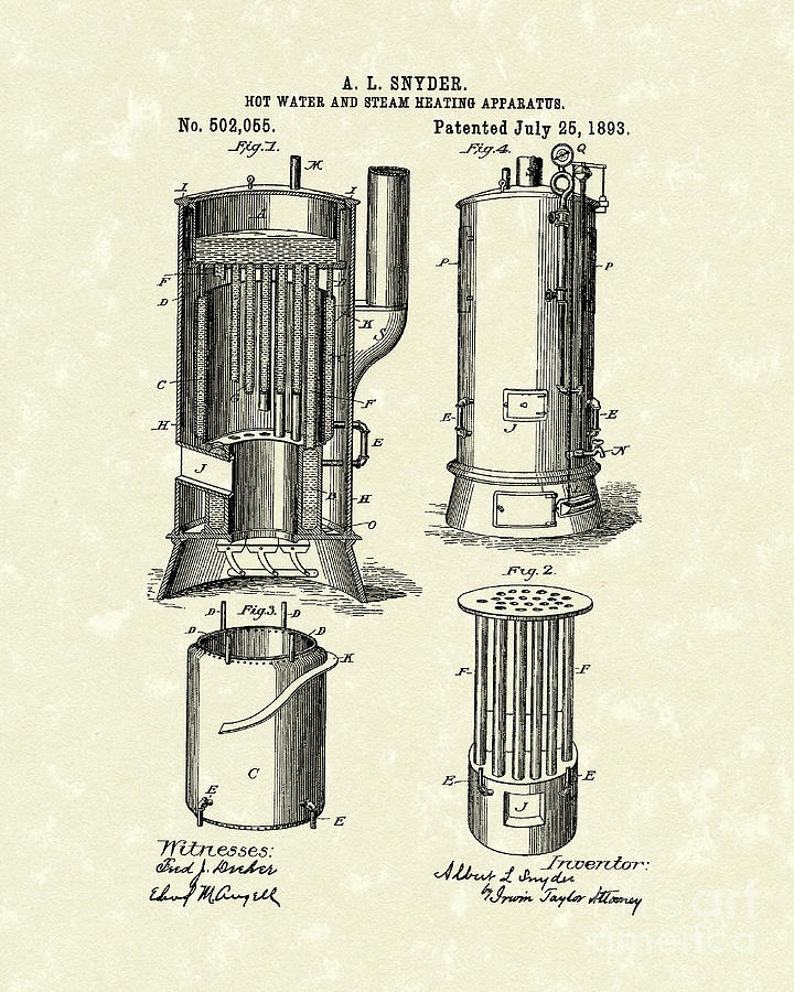 Water Heater 1893 Patent Art Drawing by Prior Art Design