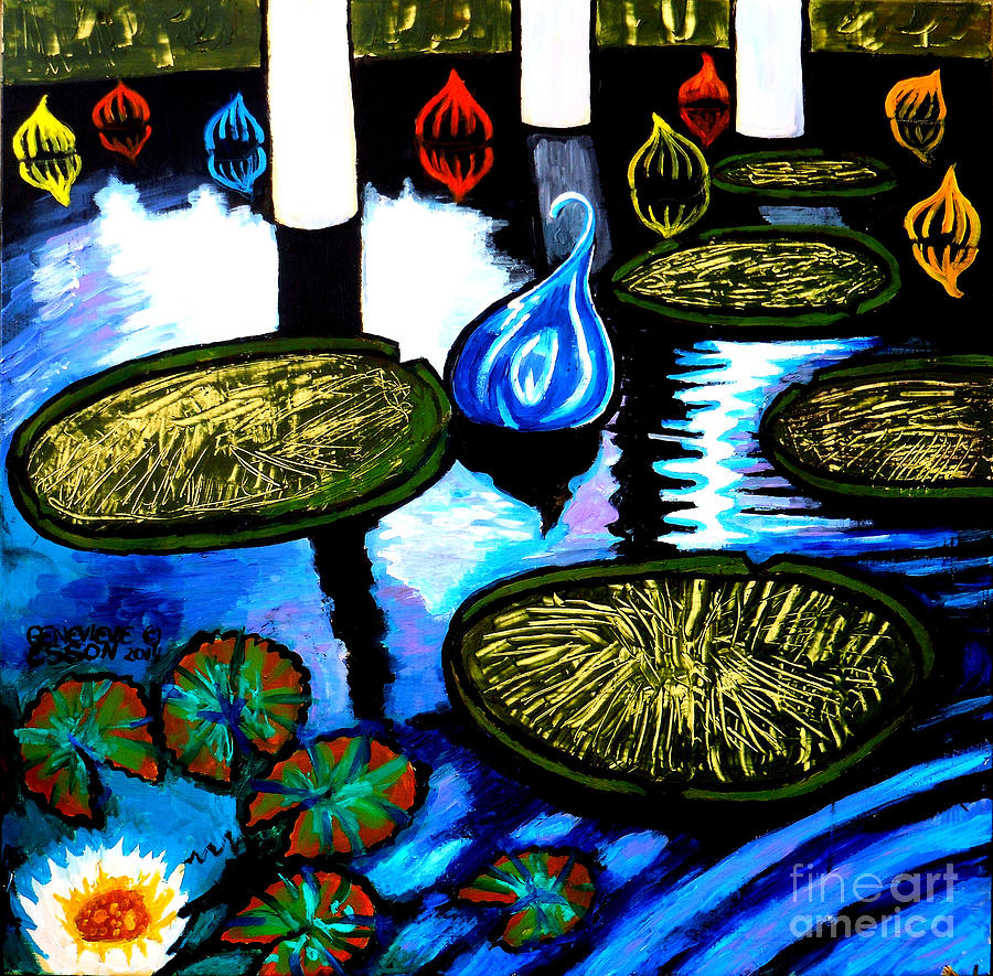 Water Lilies and Chihuly Glass Baubles At Missouri Botanical Garden Painting by Genevieve Esson